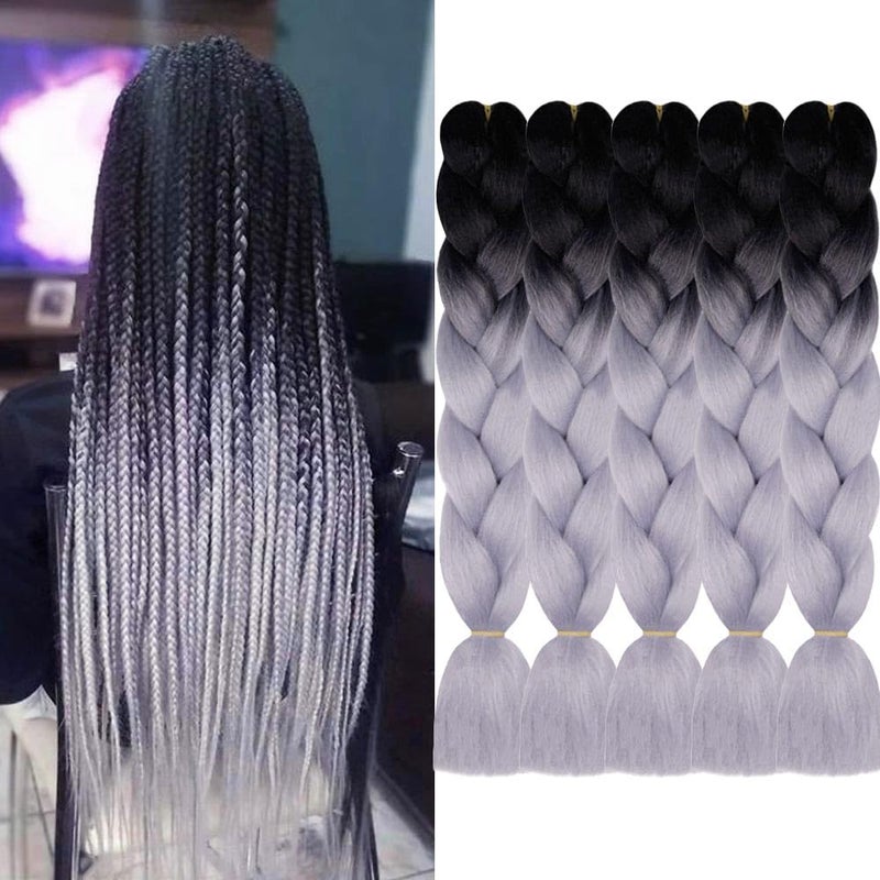 AIDUSA Ombre Braiding Hair Gray Braiding Hair Extensions 5pcs Synthetic Braids 24 Inch 2 Tones Gray Hair for Box Braids Crochet Braids 100g (#28 Black to Grey) - Image 1